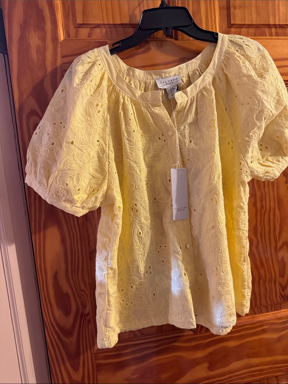 Calypso St. Barth Pale Yellow Embroidered Eyelet Puff-Sleeve Top